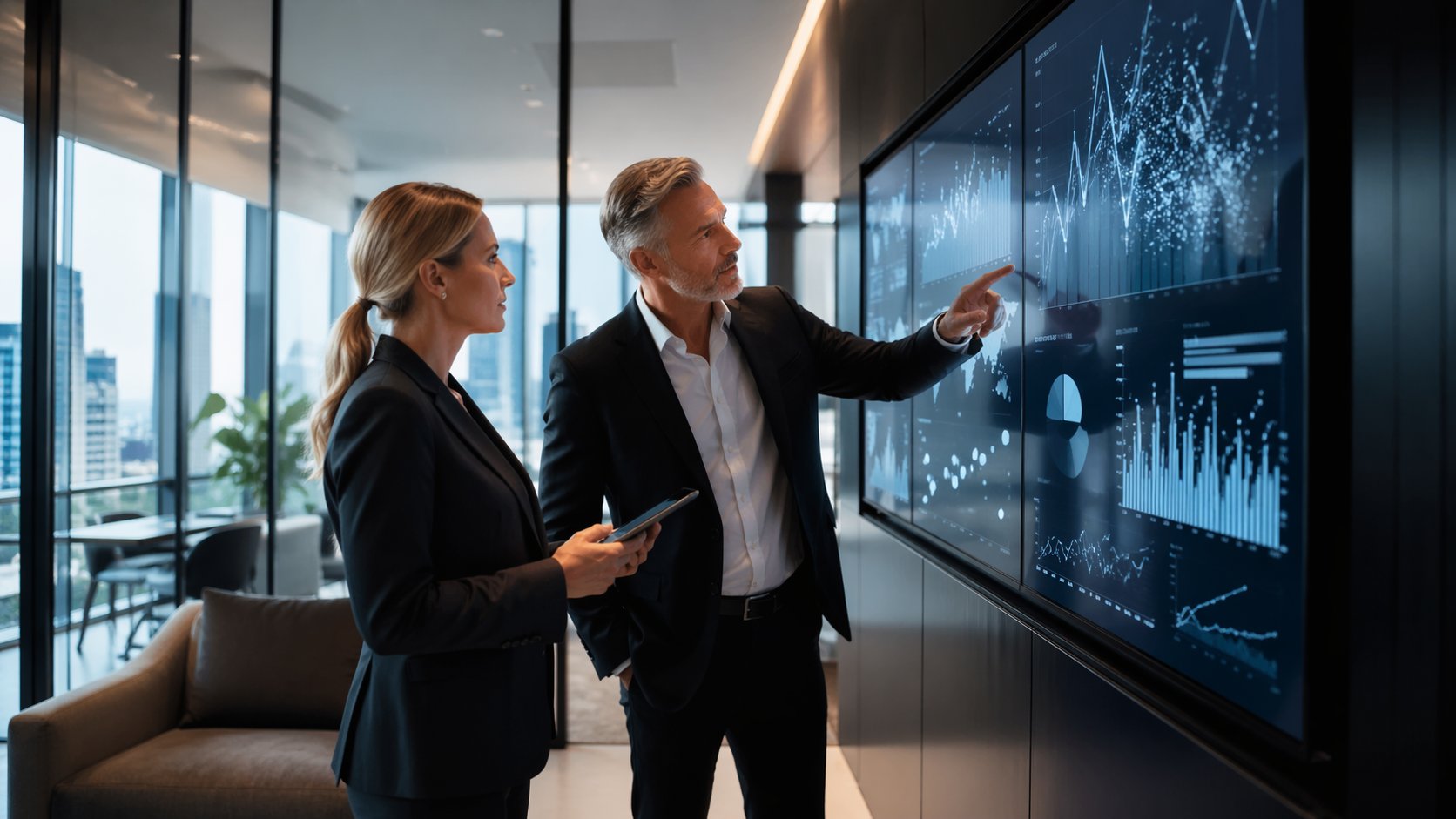 Senior consultants reviewing AI-driven growth dashboards in a modern executive workspace
